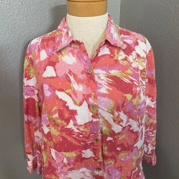 JM Collection Blouse 14P Button-Down Abstract Pink White Green Petite 3/4 Sleeve - Picture 3 of 9